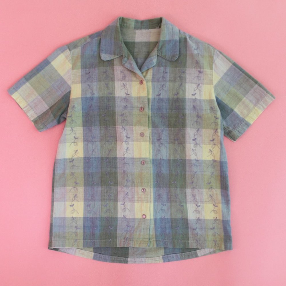 Vtg Linen Plaid Embroidered Pastel Button-Up Shirt - Picture 8 of 8